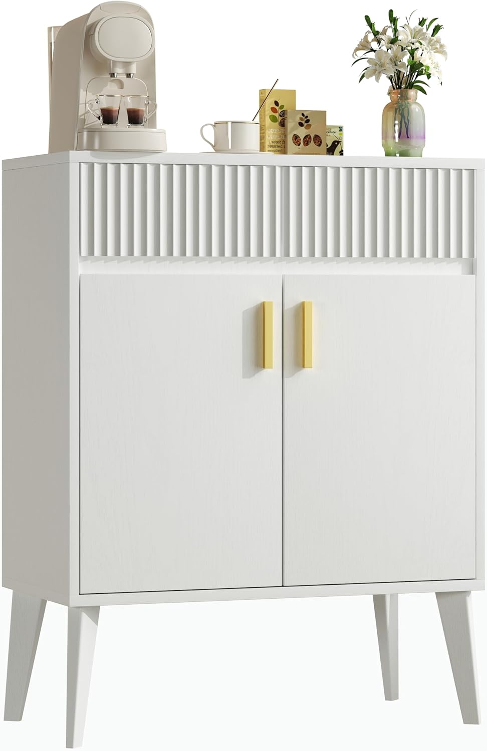 Sideboard Storage Cabinet with 2 Drawers & 2 Doors, Fluted Kitchen Buffet Cabinet with Adjustable Shelves, Coffee Bar Station for Living Room, Entryway, 13.8 x 27.6 x 35.6 Inches, White