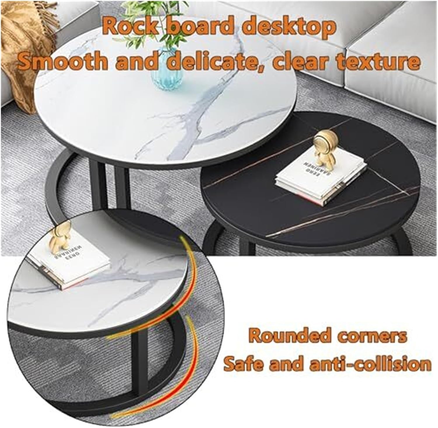 Round Marble Coffee Table Set of 2 - Nesting Tables for Living Room & Home Office - Stylish Side Tables with Modern Design(B,80CM)