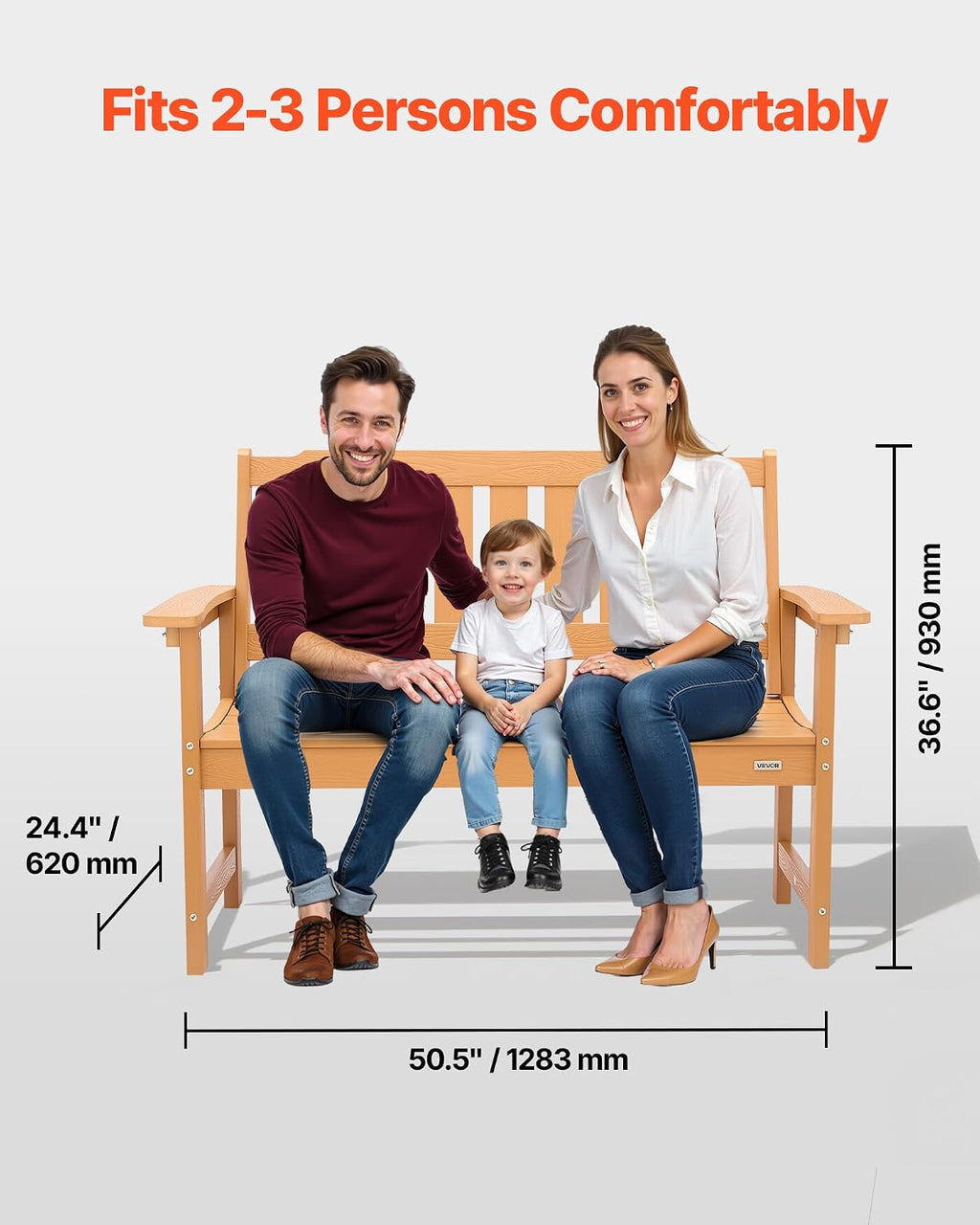 VEVOR Outdoor Bench, 50.5 inch, 800 lbs Weight Capacity for 2-3 Persons, Weatherproof Plastic Frame with Backrest and Wide Armrests, Outside Bench for Patio, Garden, Park, Yard, Natural Wood Color
