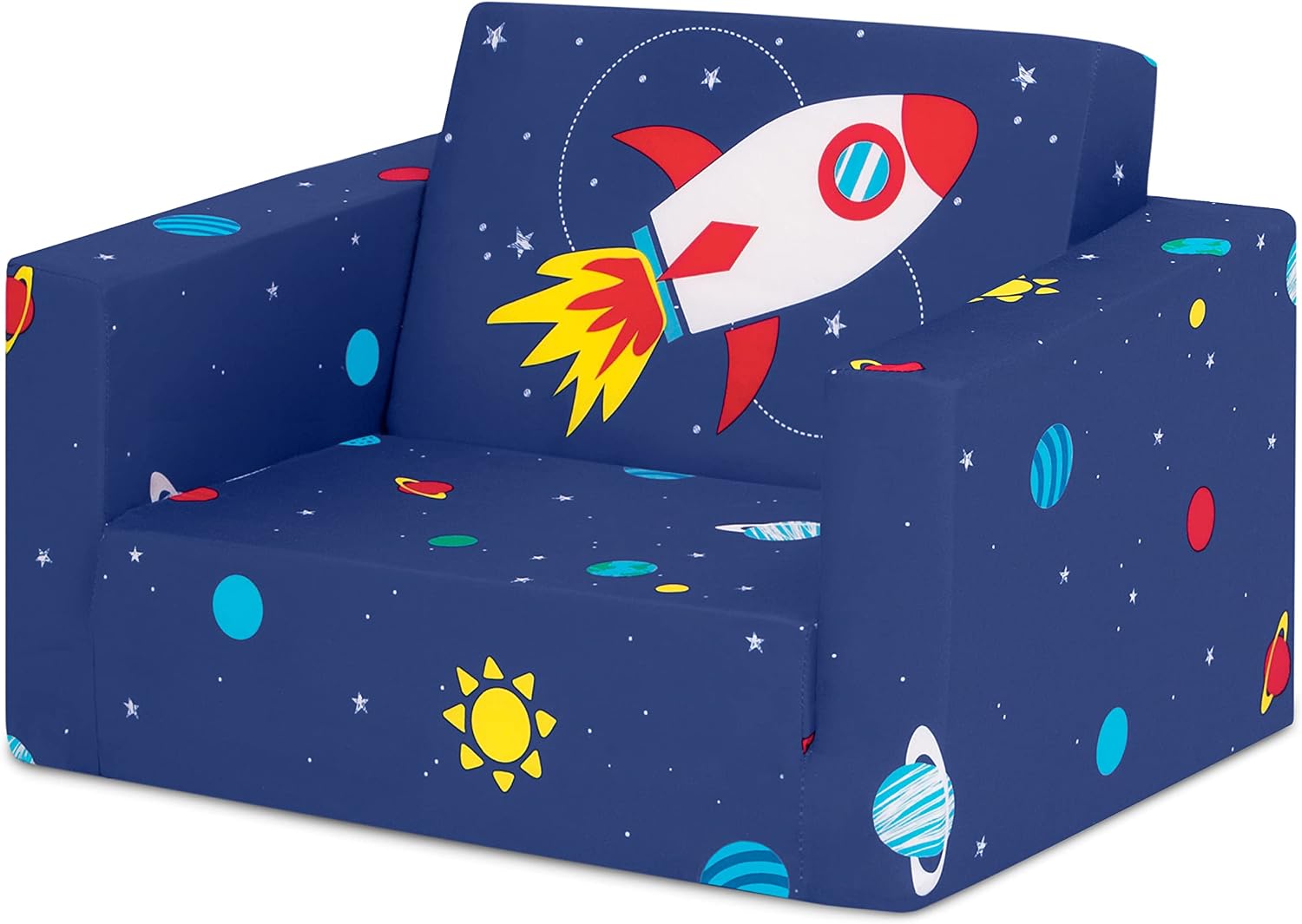 Delta Children Cozee Kids Couch 2-Seater Kids Sofa, Convertible 2-in-1 Flip Open Toddler Couch Sleeper, Foam Chair for Playroom & Bedroom, Bed Lounger, Comfy Play Sleeping Lounge Chair, Space Theme