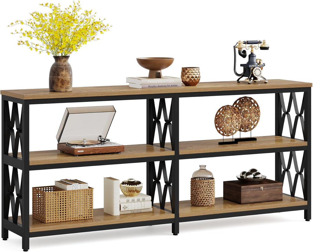 LITTLE TREE Console Table with Storage Shelves, 70.9" Industrial 3-Tier Sofa Table for Living Room, Long Foyer Table Entryway Table for Hallway, Front Door, Entrance, Natural Light Oak & Black