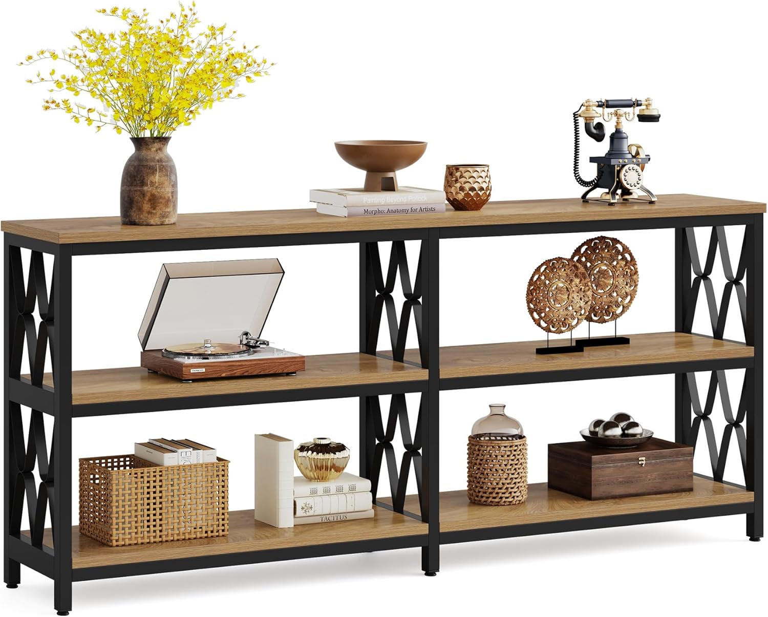 LITTLE TREE Console Table with Storage Shelves, 70.9" Industrial 3-Tier Sofa Table for Living Room, Long Foyer Table Entryway Table for Hallway, Front Door, Entrance, Natural Light Oak & Black