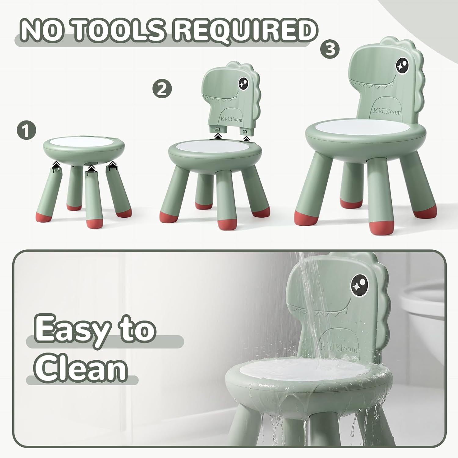 KidBloom Toddler Chair, Plastic Kids Dinosaur Chair, Anti-Slip Toddler Chairs for Table with Dinosaur Backrest, Multi Use Chairs for Kids 1–3, Green