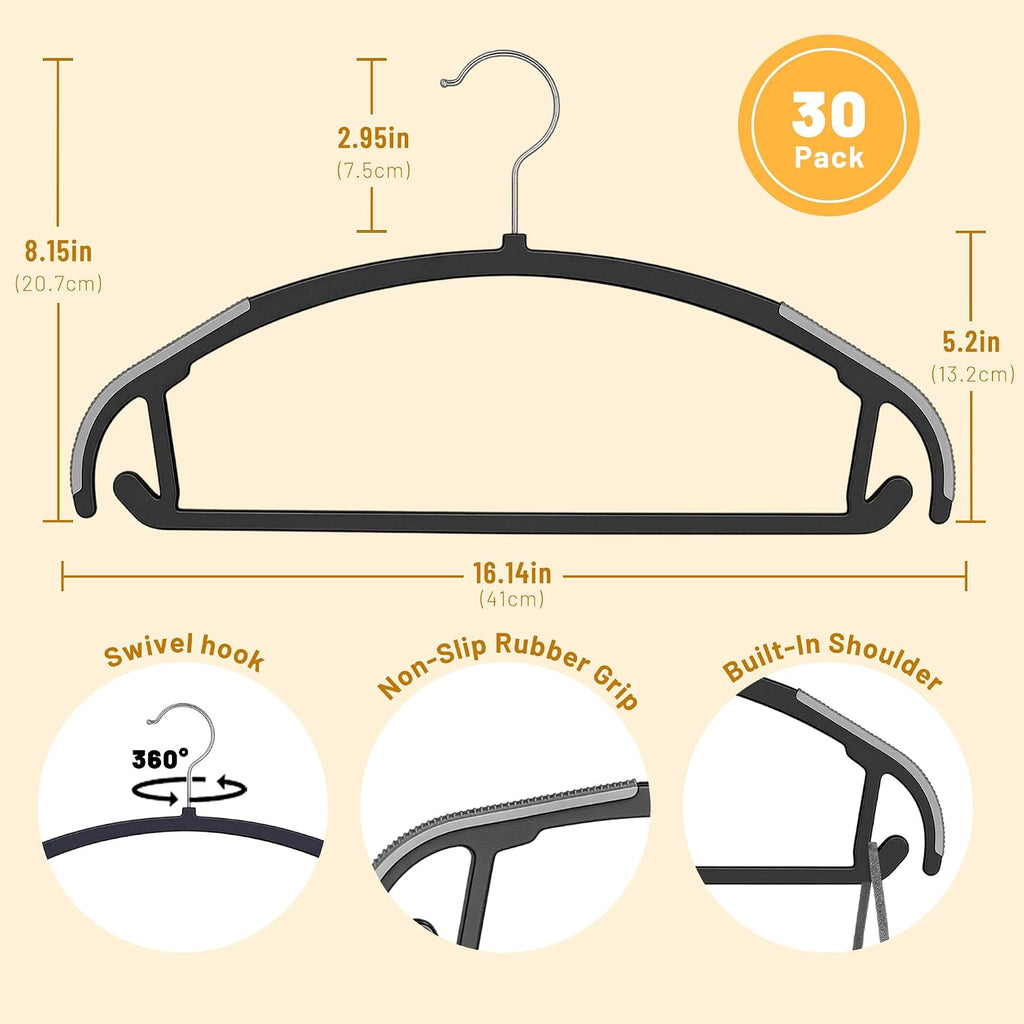 Arc Design No Shoulder Bump Plastic Hangers 30 Pack,Ultra Thin Non-Slip Hangers for Clothes,Heavy Duty Coats Hangers,360°Swivel Silver Hook,Space Saving Closet Organizer-(Black)