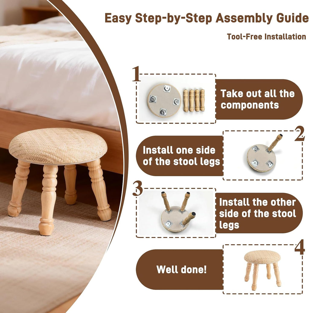 Round Foot Stool, Small Pouf Ottoman with Natural Rattan, Boho Footrest Wooden Stool for Couch, Step Stool for Living Room Bedroom Entryway Hallway Patio