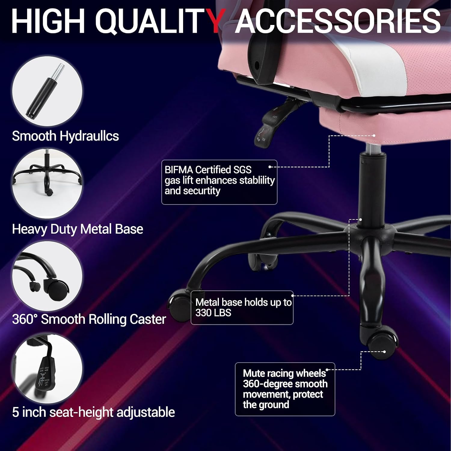 Gaming Chair with Footrest for Adults, PU Leather Video Game Chair with Massage Lumbar Support for Men Women, Ergonomic Computer Gamer Chair for Home Office, Height Adjustable, Pink