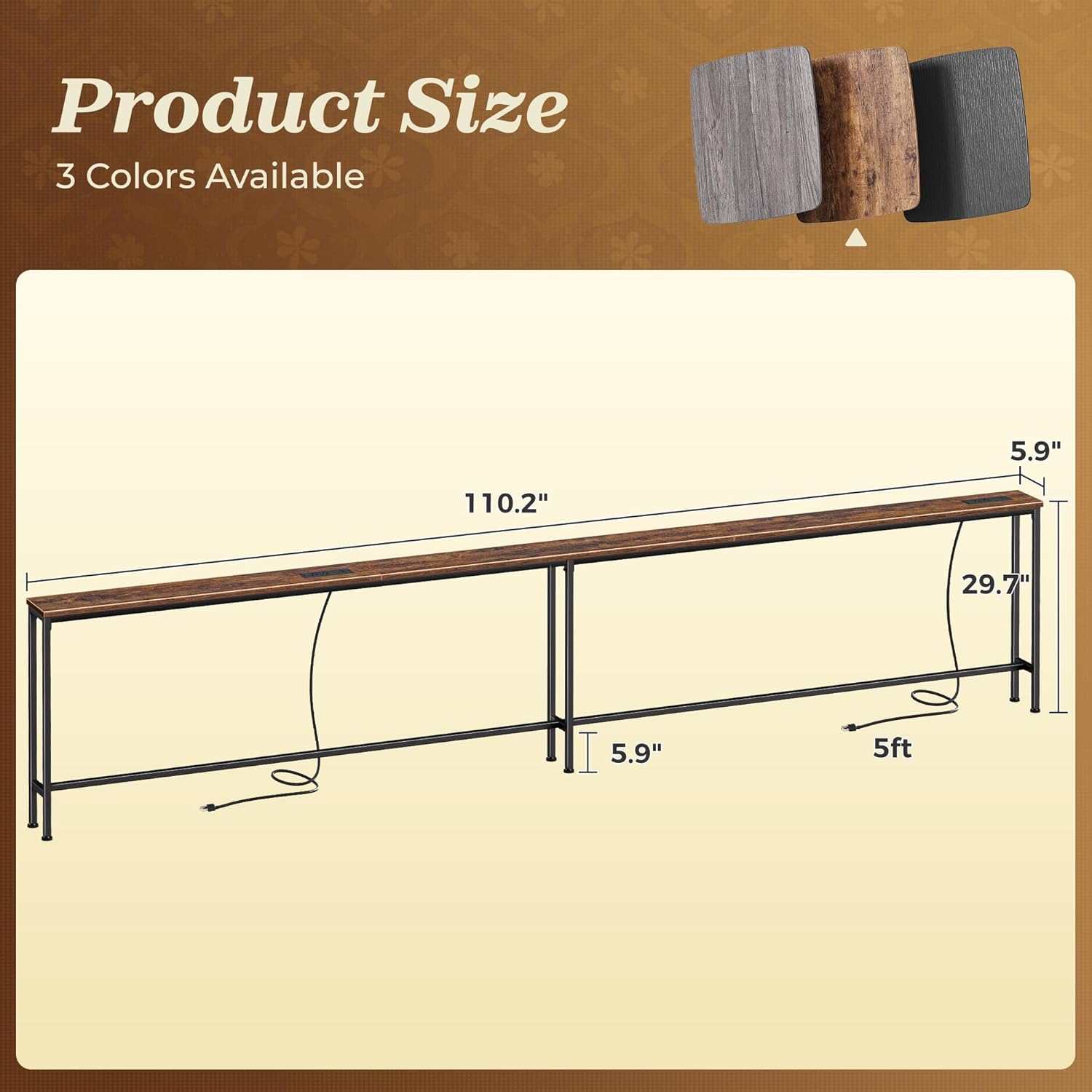 SUPERJARE 110.2 Inch Sofa Table with 2 Power Outlets and USB-C Port, 5.9 Inch Narrow Console Table with Storage, Extra-Long, for Entryway Hallway Couch Behind Sofa, Small Spaces, Rustic Brown