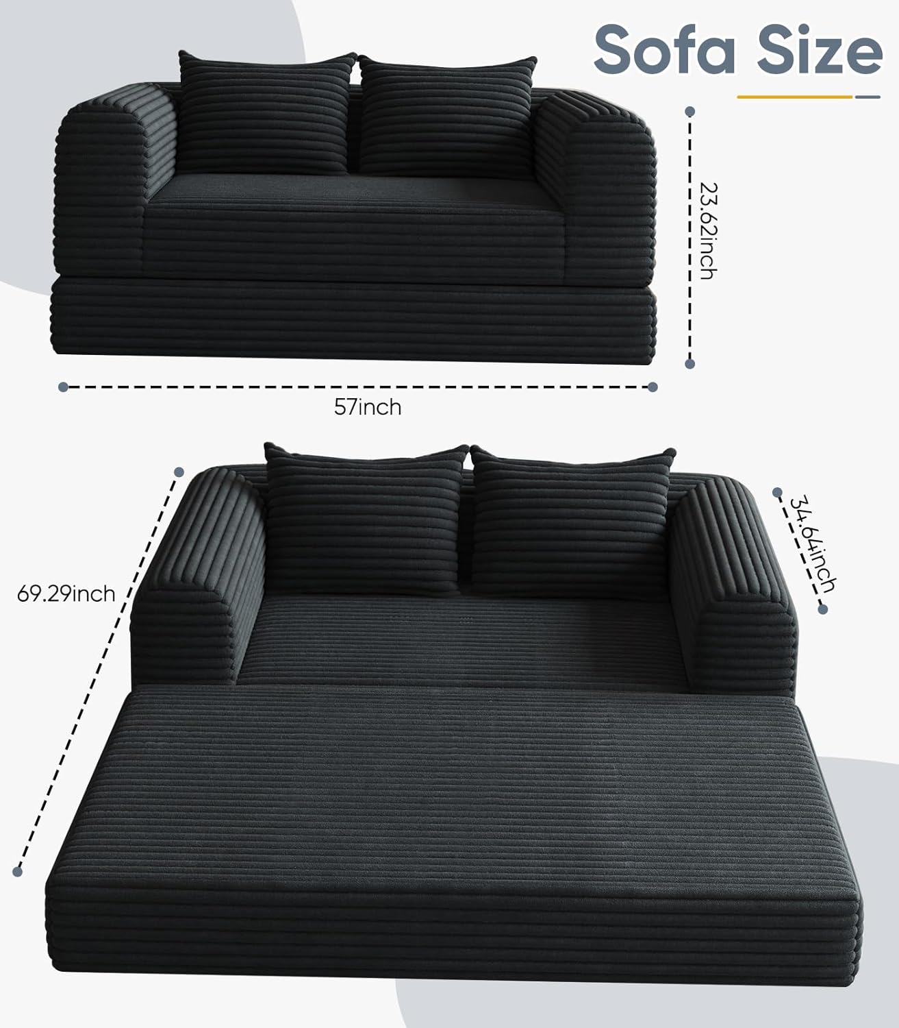 Versatile Loveseat Boneless Oversized Chair Convertible Sleeper Sofa Bed with Back Support Chaise Lounge Chair Indoor for Adult Teen, Comfy Futon Floor Folding Couch for Living Room Bedroom, Black