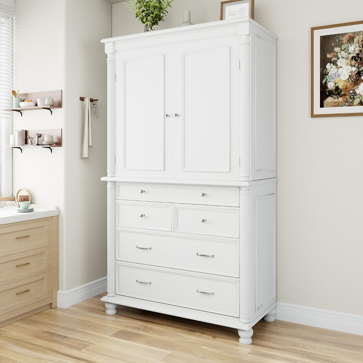 Freestanding Large Kitchen Pantry Cabinet 43.3" Wide, 77.3" Tall Farmhouse Storage Cupboard with 5 Drawers, 6 Door Shelves & Adjustable Shelves for Kitchen Dining Room Organization(White)