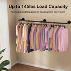 Wall Mounted Clothes Rack 52.6in, Industrial Pipe Clothing Racks Wall Mount, Heavy Duty Detachable Iron Garment Bar, Saving Space, Multi-Purpose Hanging Rod for Bedroom, Laundry Room, 2 Packs
