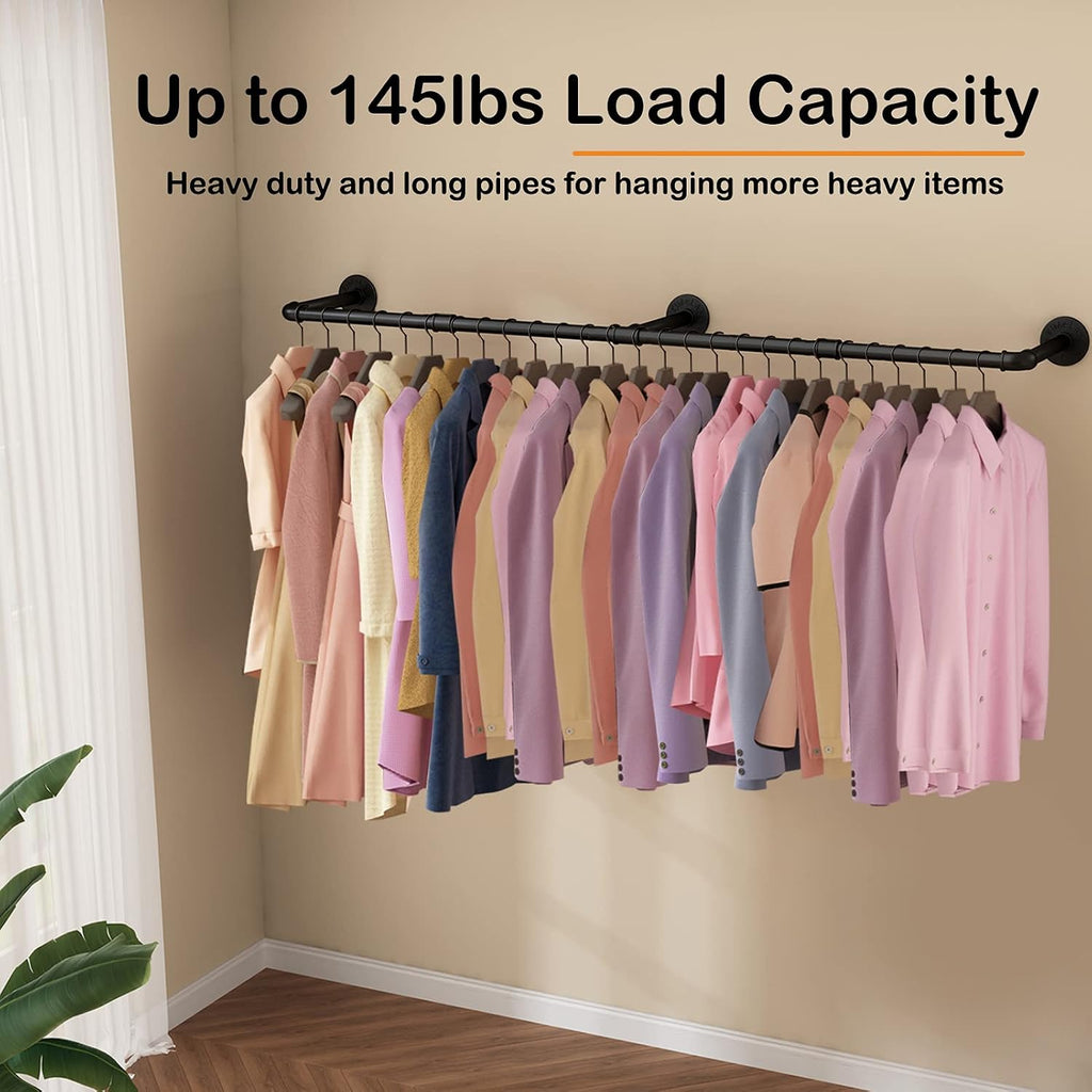 Wall Mounted Clothes Rack 52.6in, Industrial Pipe Clothing Racks Wall Mount, Heavy Duty Detachable Iron Garment Bar, Saving Space, Multi-Purpose Hanging Rod for Bedroom, Laundry Room, 2 Packs