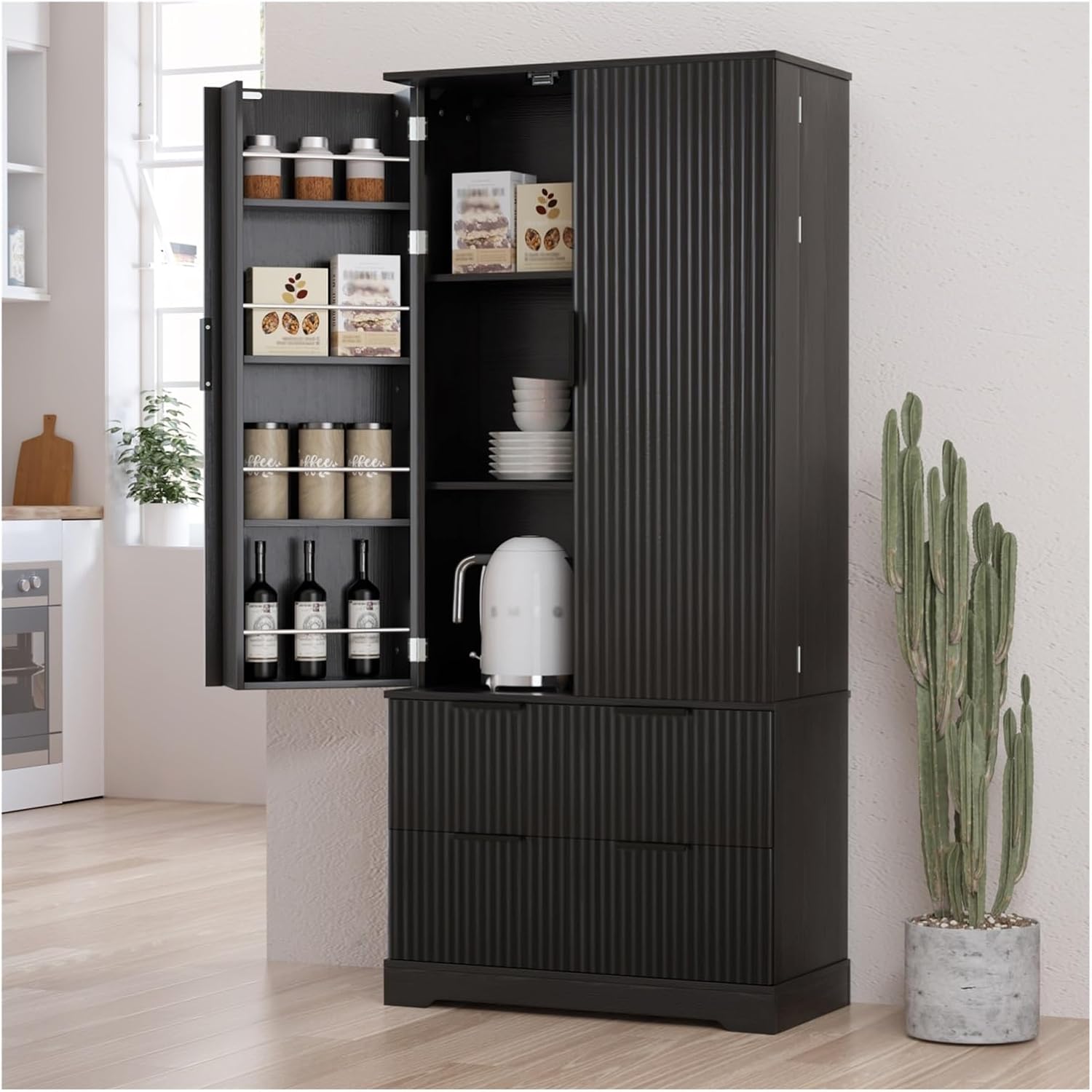 72" Modern Fluted Kitchen Pantry Cabinet with 2 Large Drawers & 8-Door Spice Rack, Freestanding Storage Organizer for Bathroom, Dining Room, Office, Entryway, White/Black,for Kitchen