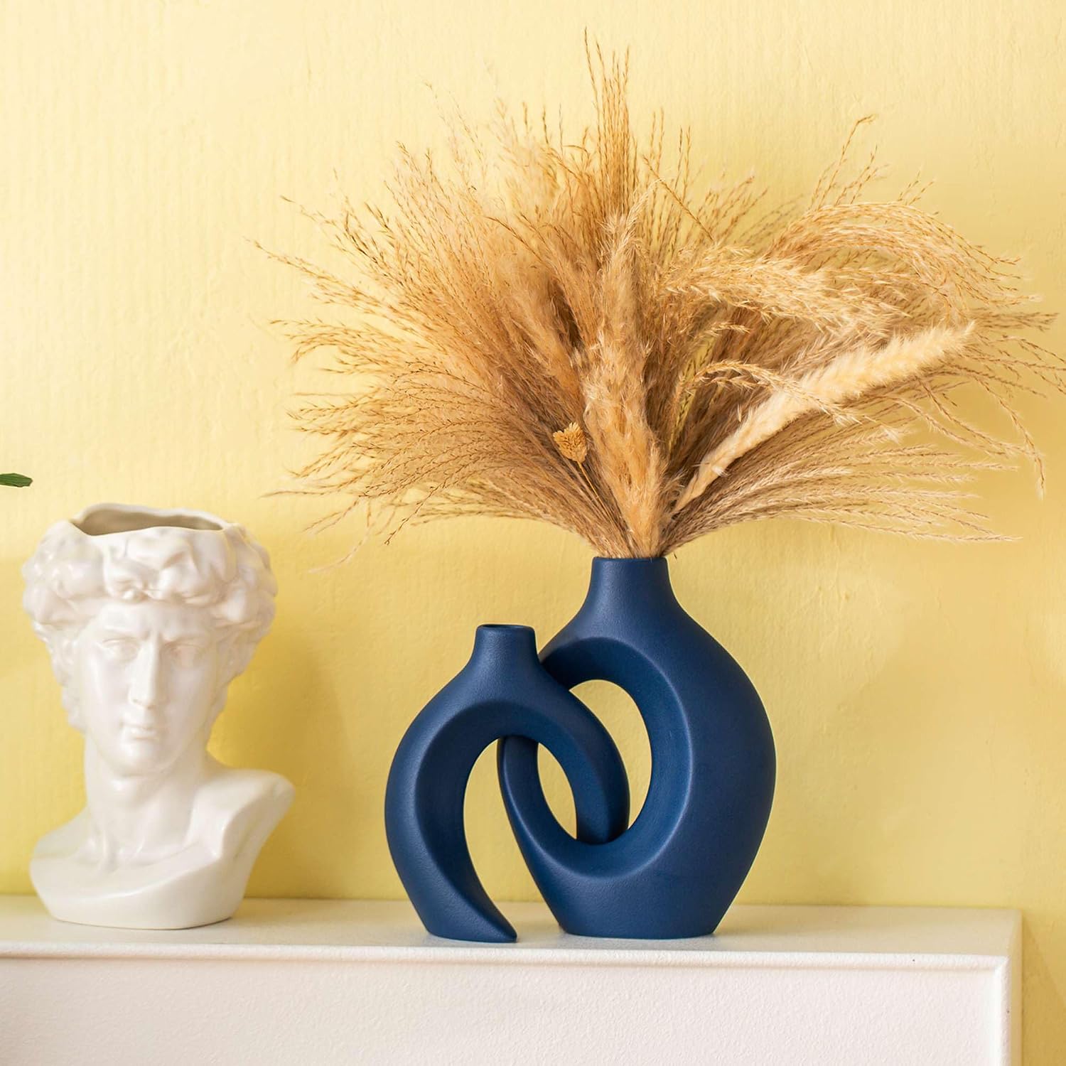 Lvases Snuggle Hollow Ceramic Flower Vase Set 2, Nordic Boho Home Decor | Modern Aesthetic Ins Style Living Room Coffee Table Centerpieces Pampas Grass Decorative Display Matte Navy Blue 6.3"W 8.4"H