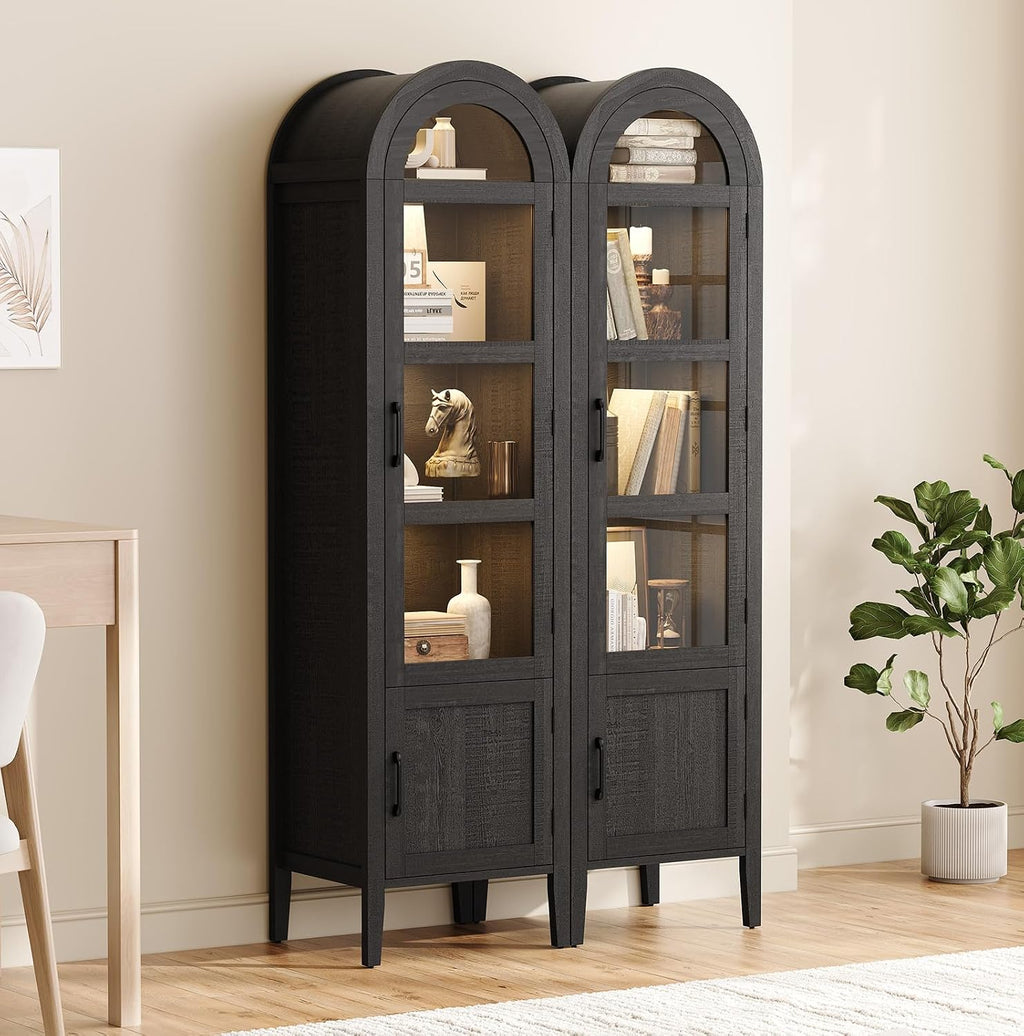 71" Narrow Arched Display Cabinet with Glass Doors, 5-Tier Curio Cabinet with LED Lights for Collectibles, Tall Bookcase Kitchen Pantry Storage Cabinet for Corner, Small Space, Living Room, Black
