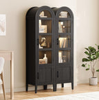 71" Narrow Arched Display Cabinet with Glass Doors, 5-Tier Curio Cabinet with LED Lights for Collectibles, Tall Bookcase Kitchen Pantry Storage Cabinet for Corner, Small Space, Living Room, Black