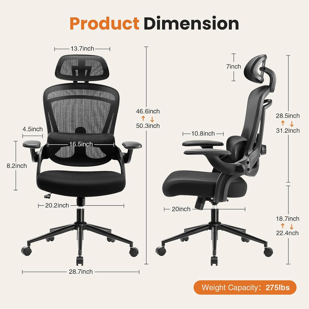 DUMOS Executive Office Ergonomic Desk Chair, 300 LBS Home Mesh Chairs with Wheels, 2D Headrest, Up&Down Lumbar Support, Swivel High Back Computer Chair with Flip-up Armrests, Black