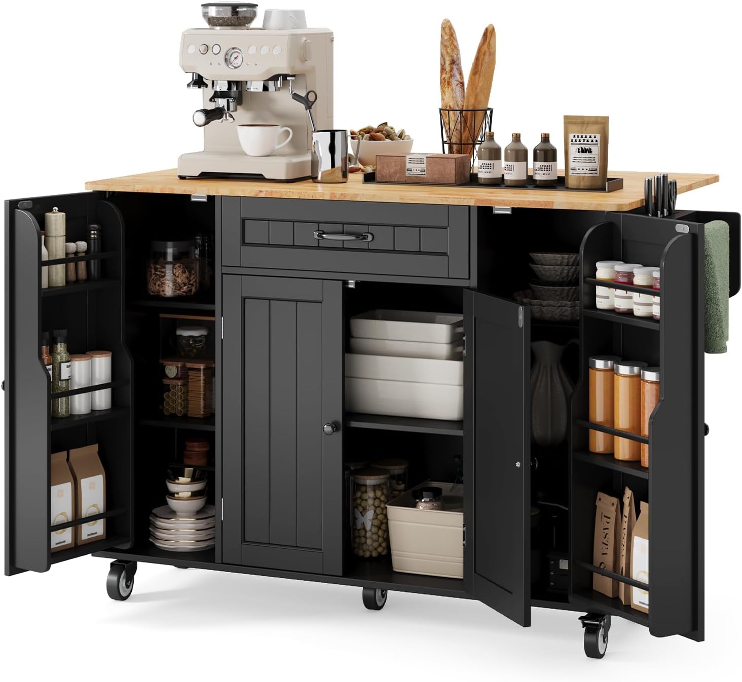 Ahomly Rolling Kitchen Island on Wheels, Kitchen Island with Storage, Kitchen Rolling Island with Spice Rack & Towel Rack, Knife Holder, Island Table for Kitchen, Black