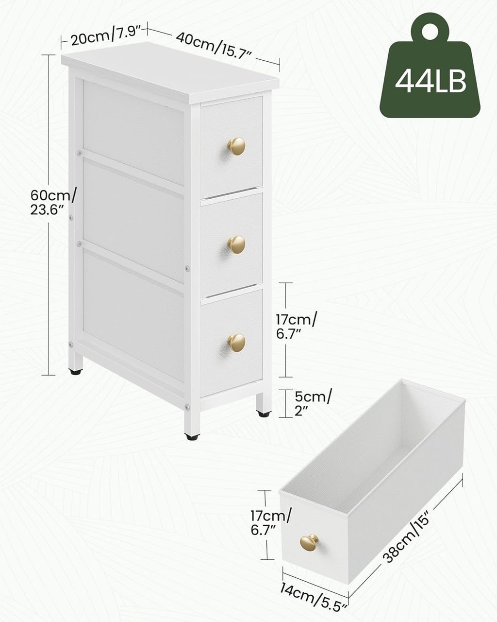 CHOEZON Narrow Side Table with 3 Fabric Drawers, Industrial Slim Bedside Table for Small Spaces, Bedroom, Living Room, Dormitory, White TBZ09WB