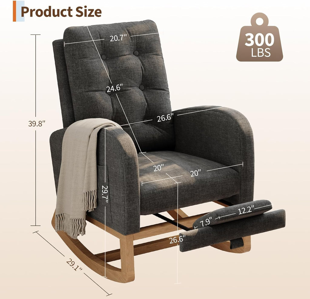 Modern Rocking Chair for Living Room, Comfortable Recliner Rocker with Side Pocket, Soft Linen Upholstered Glider Chair for Bedroom, Nursery, Lounge-Grey