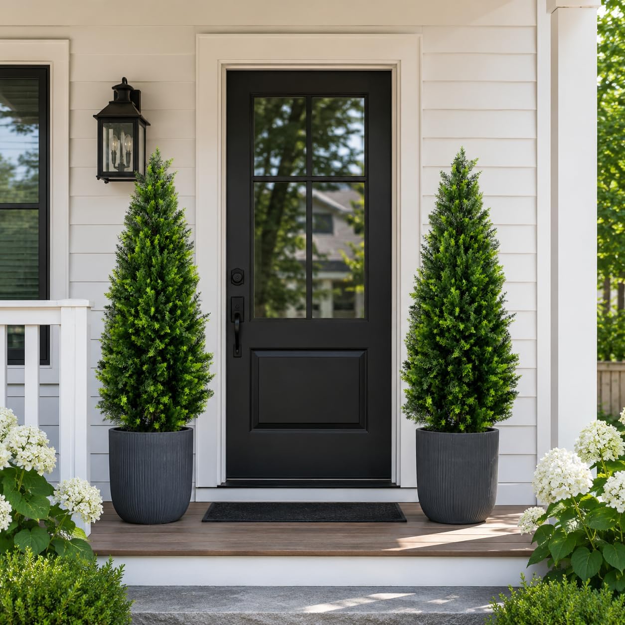Artificial Cedar Topiary Trees 4ft Set of 2,Fake Shrubs with Ground Spike,UV Resistant Cypress Tree,Faux Bushes for Outdoors,Fake Plants for Outdoor Indoor Front Porch Patio Garden Decor