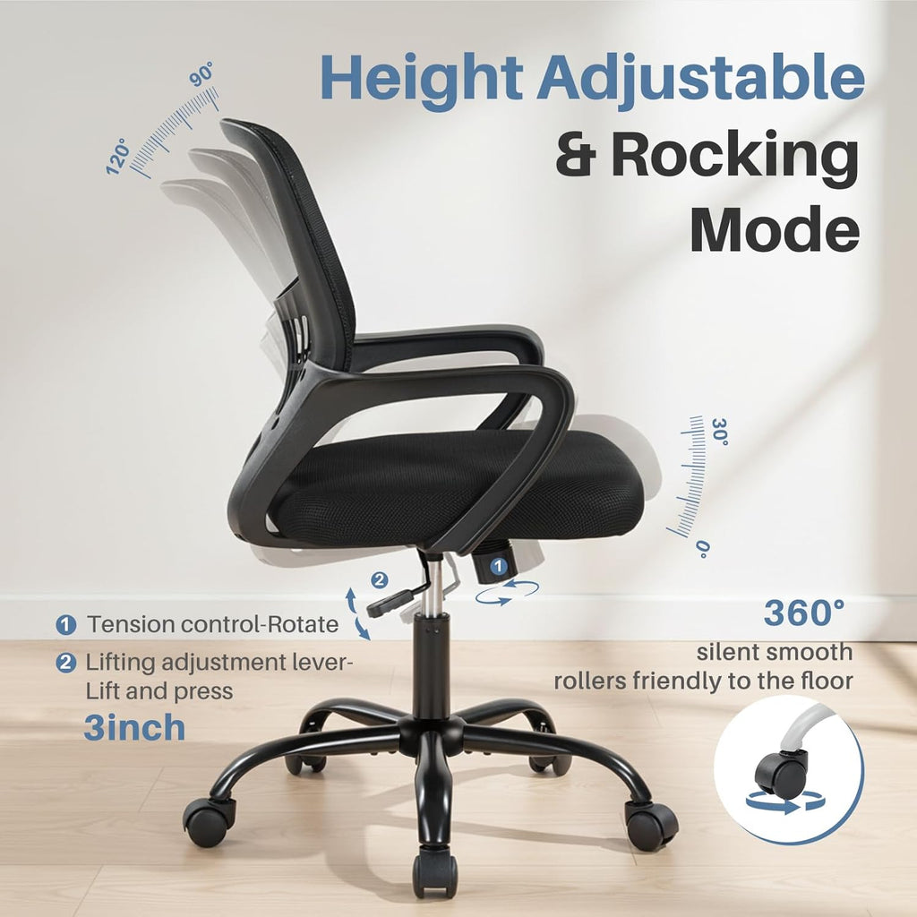 DUMOS Home Office Chair - Ergonomic Mid Back Mesh Desk Chair with Lumbar Support & Rocking Mode, Height Adjustable, Fixed Armrest, for Conference, Computer, 360° Swivel, Adults, Black