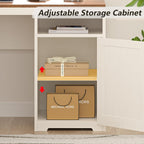 YOMILUVE 63" Farmhouse L Shaped Executive Desk with Drawers & Storage Shelf, Corner Computer Desk with Power Outlets, L Shaped Office Desk with Monitor Stand, Printer Shelf, Antique White
