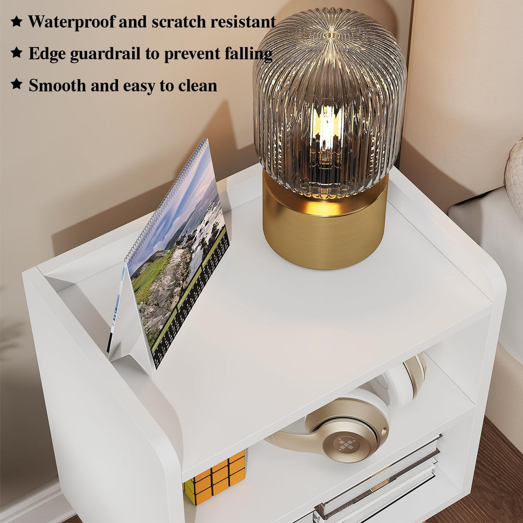White Nightstand Small Bedside Table Kids Nightstand 3-tier Wood Side Table | Mid Century Modern Nightstand, Small Bedside Table for Bedroom, Kids Room & Small Spaces.