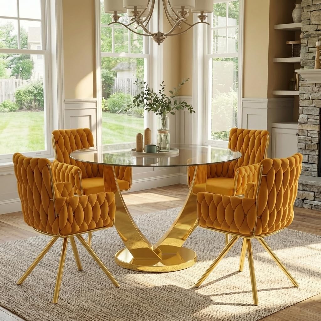 47.2" Round Glass Dining Table for 4-6, Modern Kitchen Table with Tempered Glass Top & Stainless Steel Legs, Circle Dining Table for Home, Living Room, Apartment (Gold)