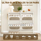 Nicetree Shoe Storage Cabinet for Entryway, Rattan Vintage Flip Shoe Rack- 4 Flip Drawers & 3-Tier Adjustable Shelves,Boho Shoe Organizer for 28-36 Pairs - Fits Size 12 Boots, 9.5" Ultra Slim (White)