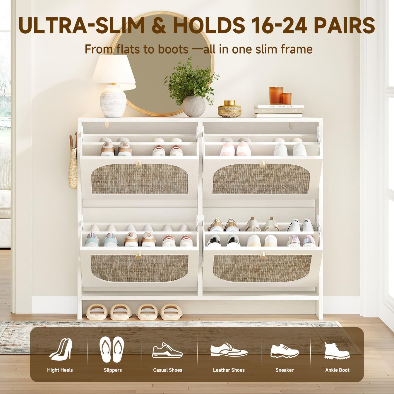 Nicetree Shoe Storage Cabinet for Entryway, Rattan Vintage Flip Shoe Rack- 4 Flip Drawers & 3-Tier Adjustable Shelves,Boho Shoe Organizer for 28-36 Pairs - Fits Size 12 Boots, 9.5" Ultra Slim (White)