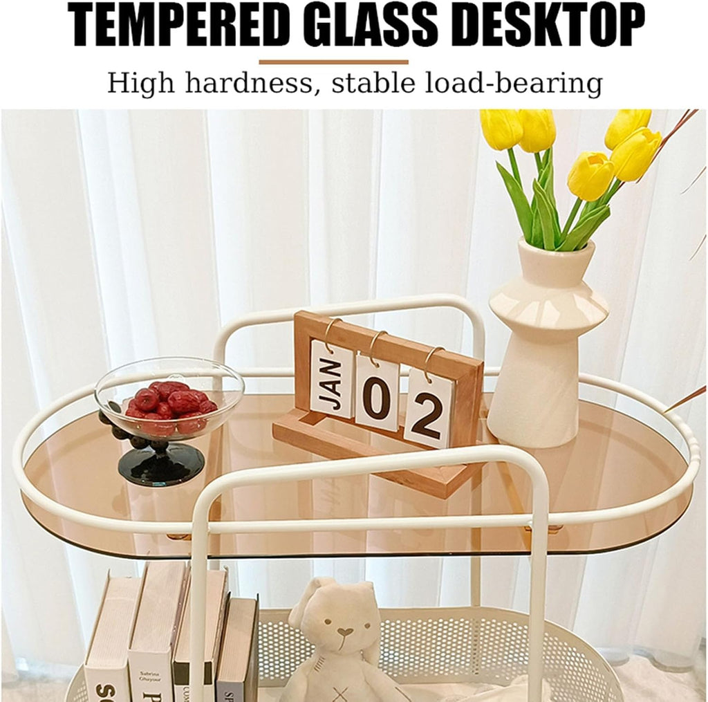 Double Layer Trolly Side Table, Metal Rolling Cart Storage Shelf, Side Table with Wheels, Small Spaces Bedside Table for Home Sofa Kitchen Living Room Bedroom