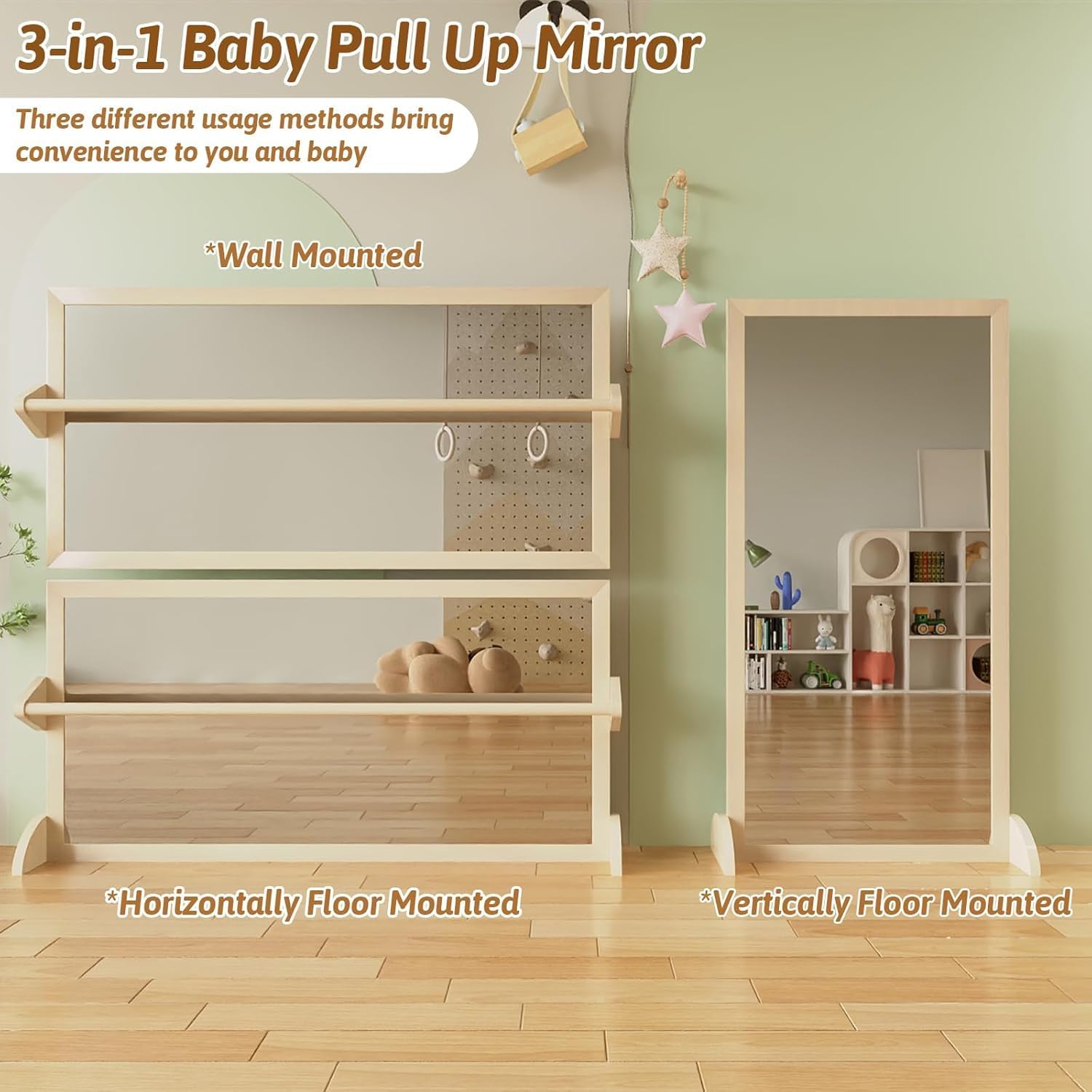 Montessori 3-in-1 Baby Mirror with Pull-Up Bar – Perfect for Toddler Nurseries, Home Learning Spaces, and Children's Classrooms