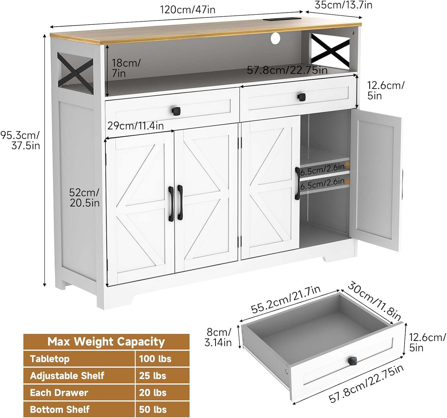 Lahomie Sideboard Buffet Cabinet with Storage, 47" Kitchen Buffet Cabinet with Charging Station, Farmhouse Coffee Bar Station with Drawers and Doors, Credenza for Kitchen Living Room Entryway, White