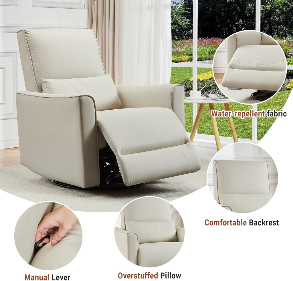 Jojoka Swivel Rocking Recliner Chair, Manual PU Leather Glider Recliner with Lumbar Support, Padded Armrest, High Weight Capacity Single Rocker Sofa for Nursery Living Room Bedroom