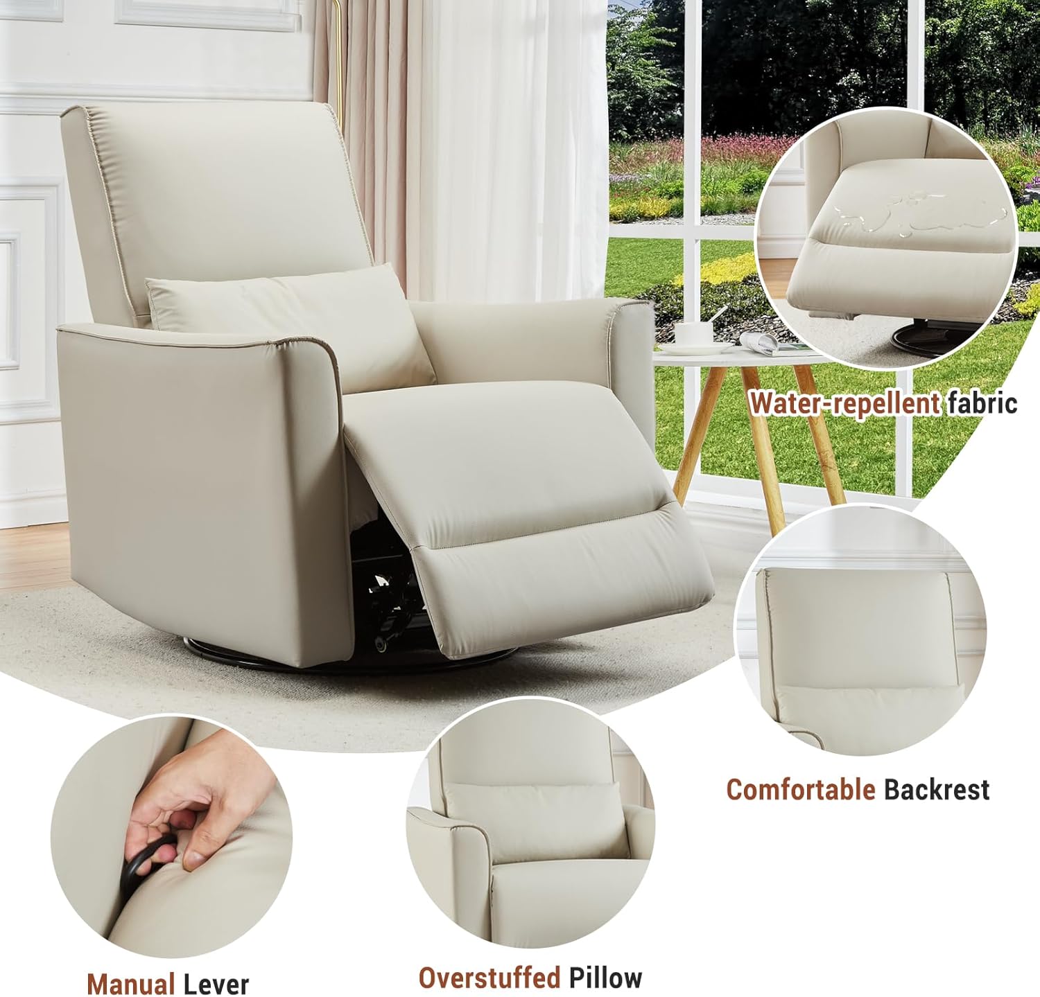 Jojoka Swivel Rocking Recliner Chair, Manual PU Leather Glider Recliner with Lumbar Support, Padded Armrest, High Weight Capacity Single Rocker Sofa for Nursery Living Room Bedroom