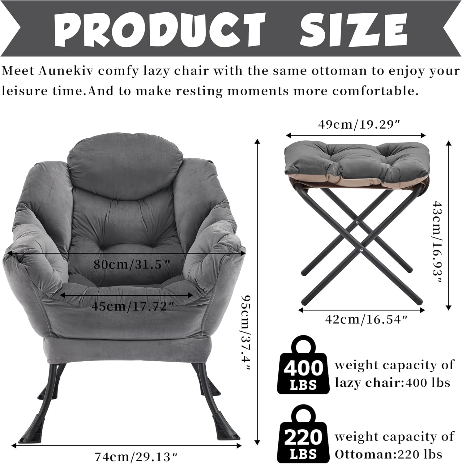 Lazy Chair with Ottoman, Comfy Accent Lounge Chair with Side Pocket, Modern Reading Armchair with Footrest, Upholstered Sofa Chair for Small Spaces, Bedroom, Living Room, Dorm, Darkgrey