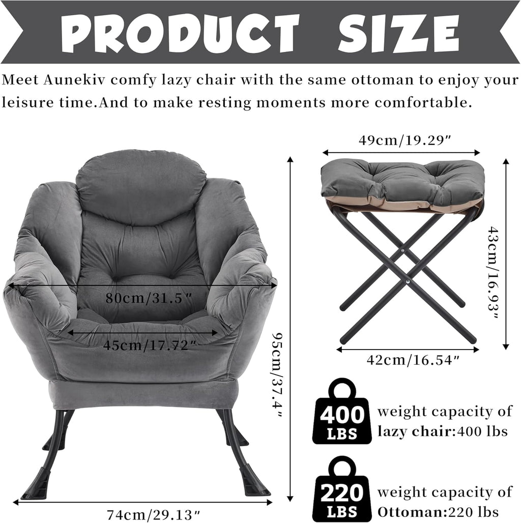 Lazy Chair with Ottoman, Comfy Accent Lounge Chair with Side Pocket, Modern Reading Armchair with Footrest, Upholstered Sofa Chair for Small Spaces, Bedroom, Living Room, Dorm, Darkgrey