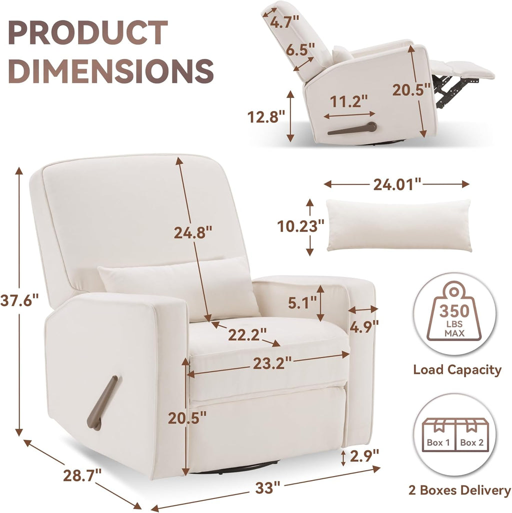 Tbfit Nursery Rocking Chair,360°Swivel Recliner Chair with Lumbar Support for Bedroom, Comfy Upholstered Armchair with Pillows & Footrest for Living Room & Baby Room
