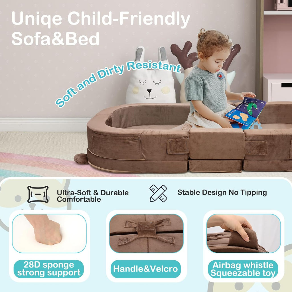 Toddler Travel Bed,Toddler Play Mat,Foldable&Portable Kids Floor Sofa with Removable Pillow,28D High-Density Sponge,Bear-Shaped 2-in-1 Activity Center for Reading, Playing,Little Sofa at Home