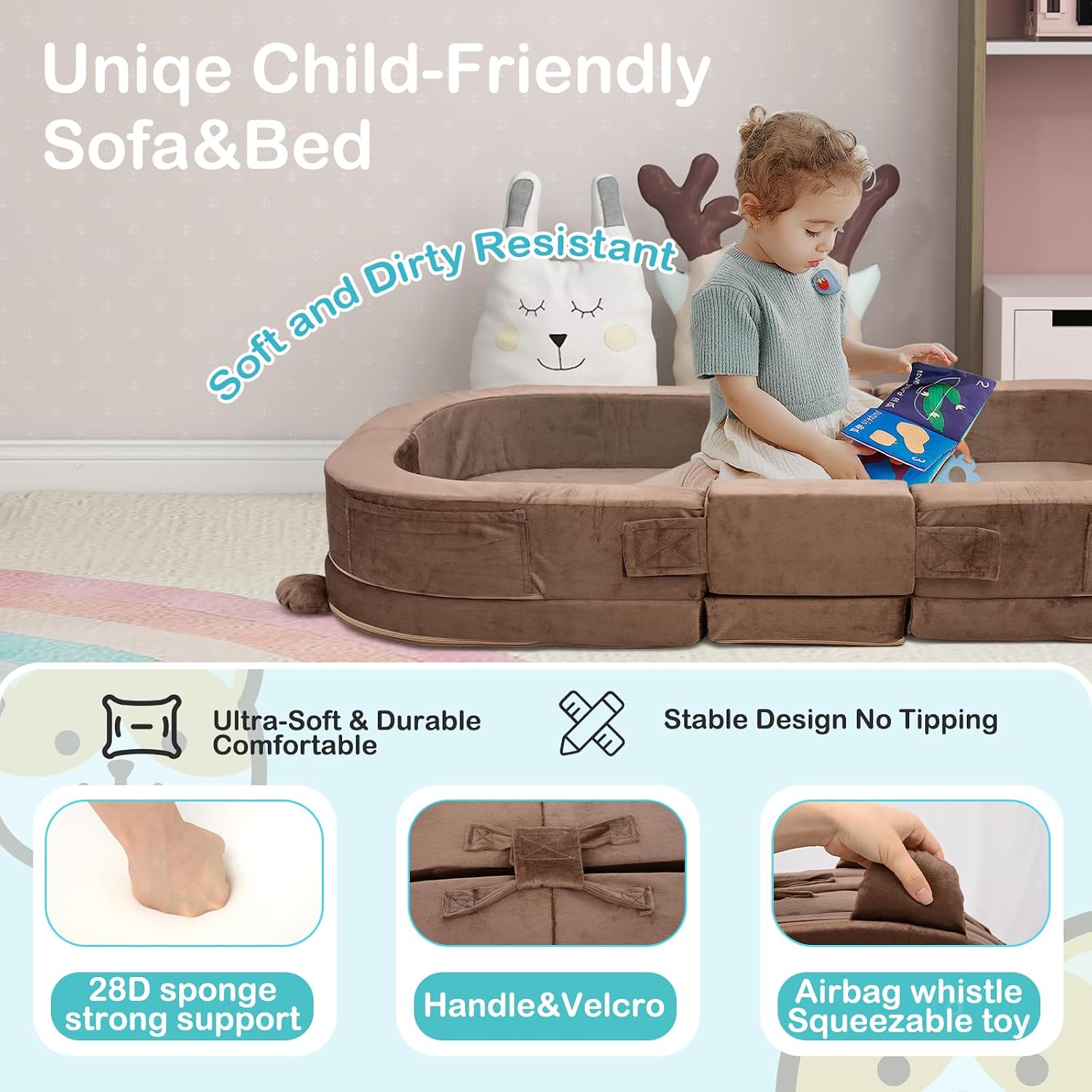 Toddler Travel Bed,Toddler Play Mat,Foldable&Portable Kids Floor Sofa with Removable Pillow,28D High-Density Sponge,Bear-Shaped 2-in-1 Activity Center for Reading, Playing,Little Sofa at Home