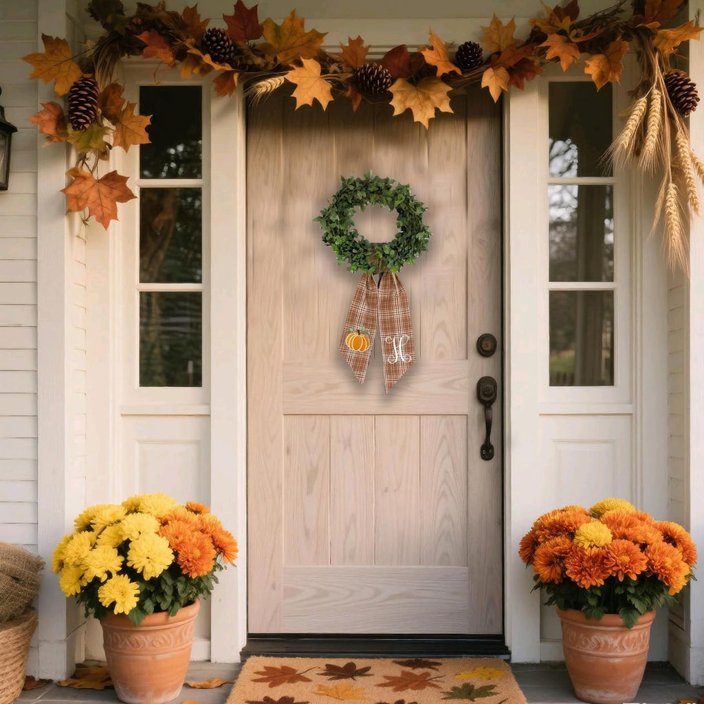 Autumn Door Wreath Sash Embroidered with White Letters and Pumpkins On A Plaid Wreath Sash Ideal for Housewarming Gifts, Autumn Thanksgiving, Halloween, and Christmas Porch Decorations -M