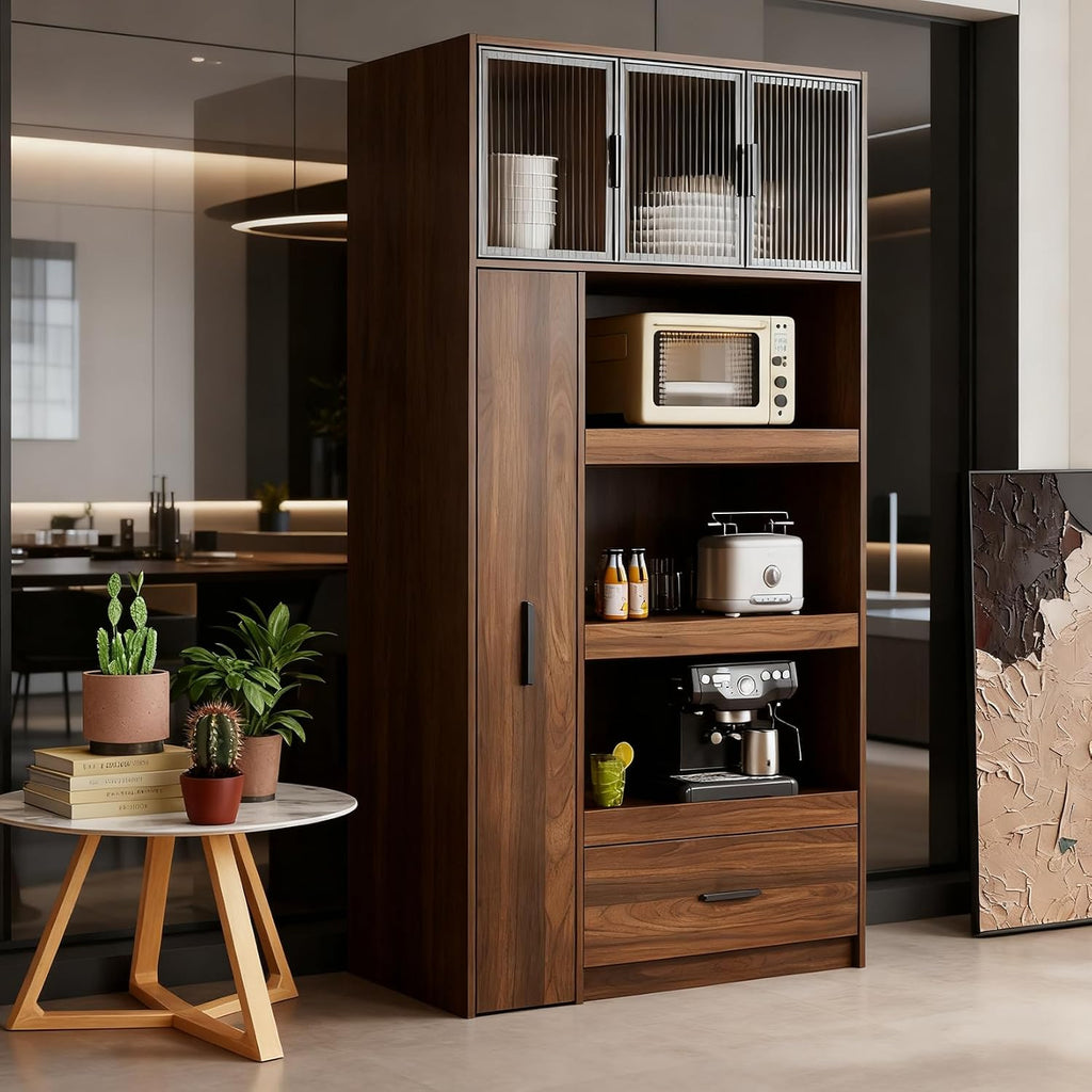 70.87" Tall Kitchen Pantry Cabinet, Walnut Wood Pantry Cabinet with 2 Drawers, 3 Sliding Tray, Aluminum Frame Glass Door Cabinets for Living Room, Dining Room,Garage,Basement, Walnut C