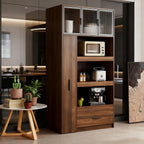 70.87" Tall Kitchen Pantry Cabinet, Walnut Wood Pantry Cabinet with 2 Drawers, 3 Sliding Tray, Aluminum Frame Glass Door Cabinets for Living Room, Dining Room,Garage,Basement, Walnut C