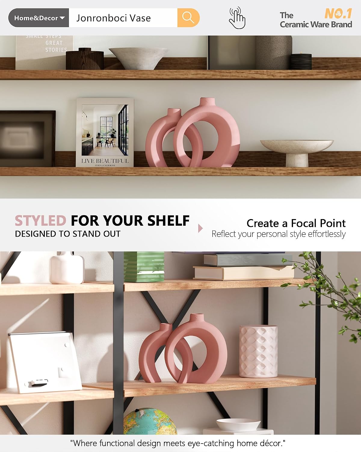 Set of 2 Pink Ceramic Vases for Home Decor Accents - Unique Hollow Donut Artistic Design Coquette Feminine Style Decorative Vases for Shelf, Mantel, Entryway Table Decor (Matte Pink)