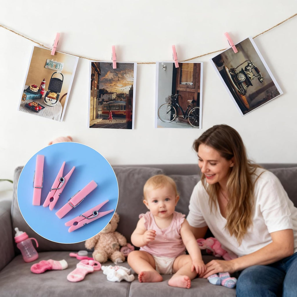 100PCS Baby Shower Clothespins Girl Plastic Mini Clothes Pins 1.4 Inch Small Pink Clothespin for Baby Shower Games DIY Photos Crafts Party Decorations