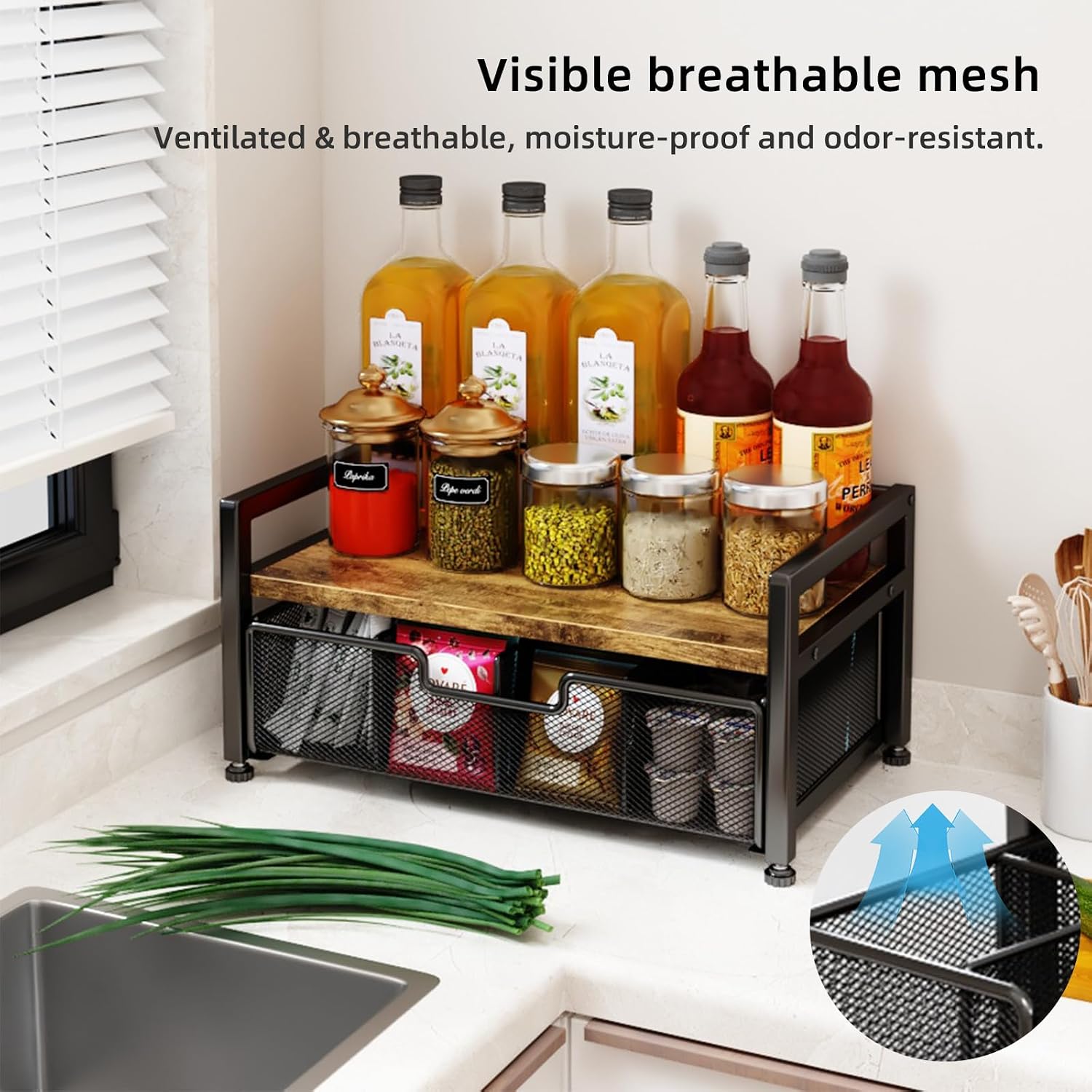 Tea Bag Organizer with 8-Compartment Mesh Drawer, Rustic Brown | Wood & Metal Holder, Spacious Storage Capacity, Smoothly Sliding Drawers, Divided Compartment Storage, Multi-Scene Use