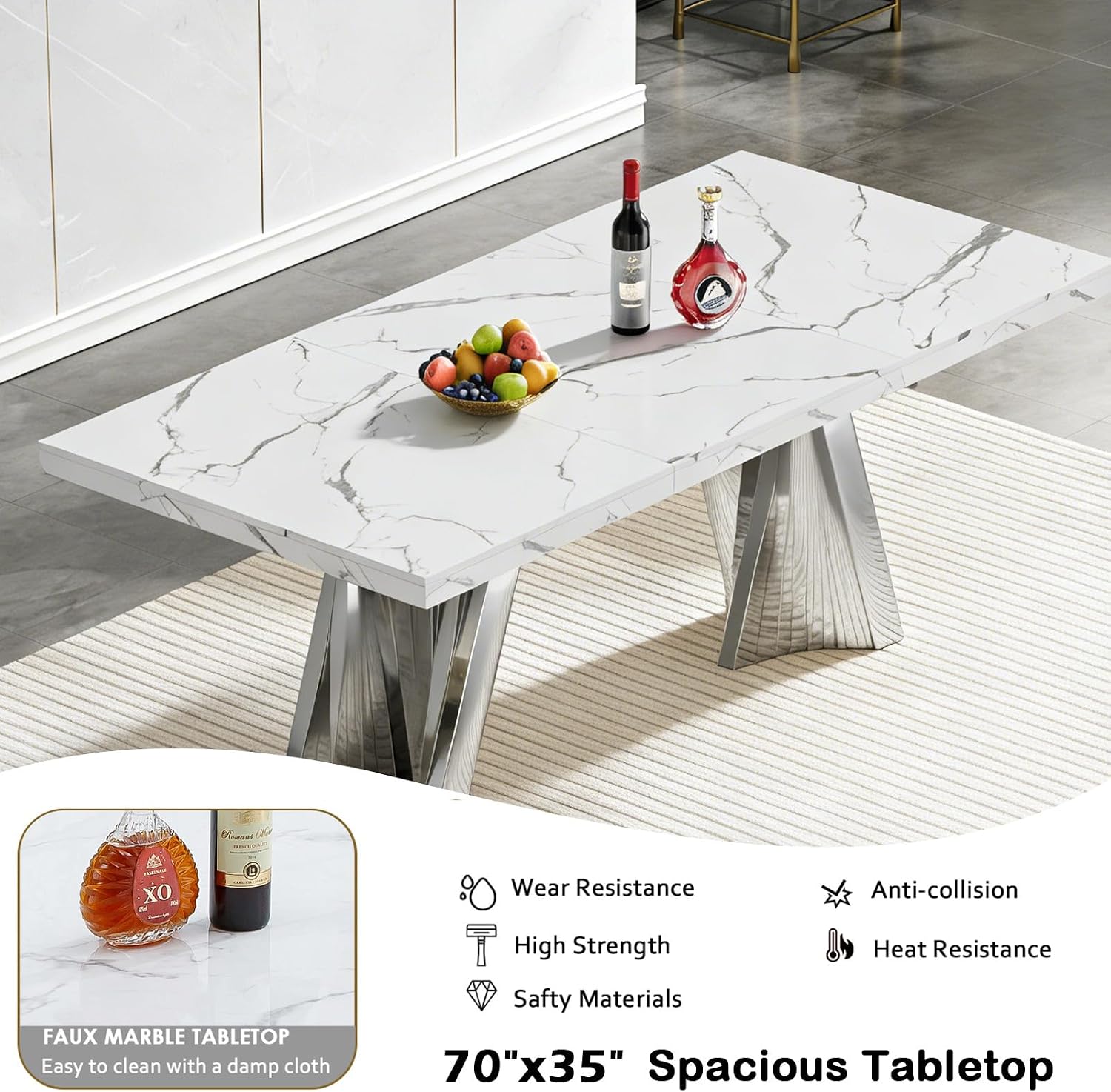 70" Faux Marble White Silver Dining Table for 6, Modern Dining Room Table with 0.71" Marble Printing MDF Top and Flash-Shaped Stainless Steel Base,Rectangular Large Kitchen Dinner Table