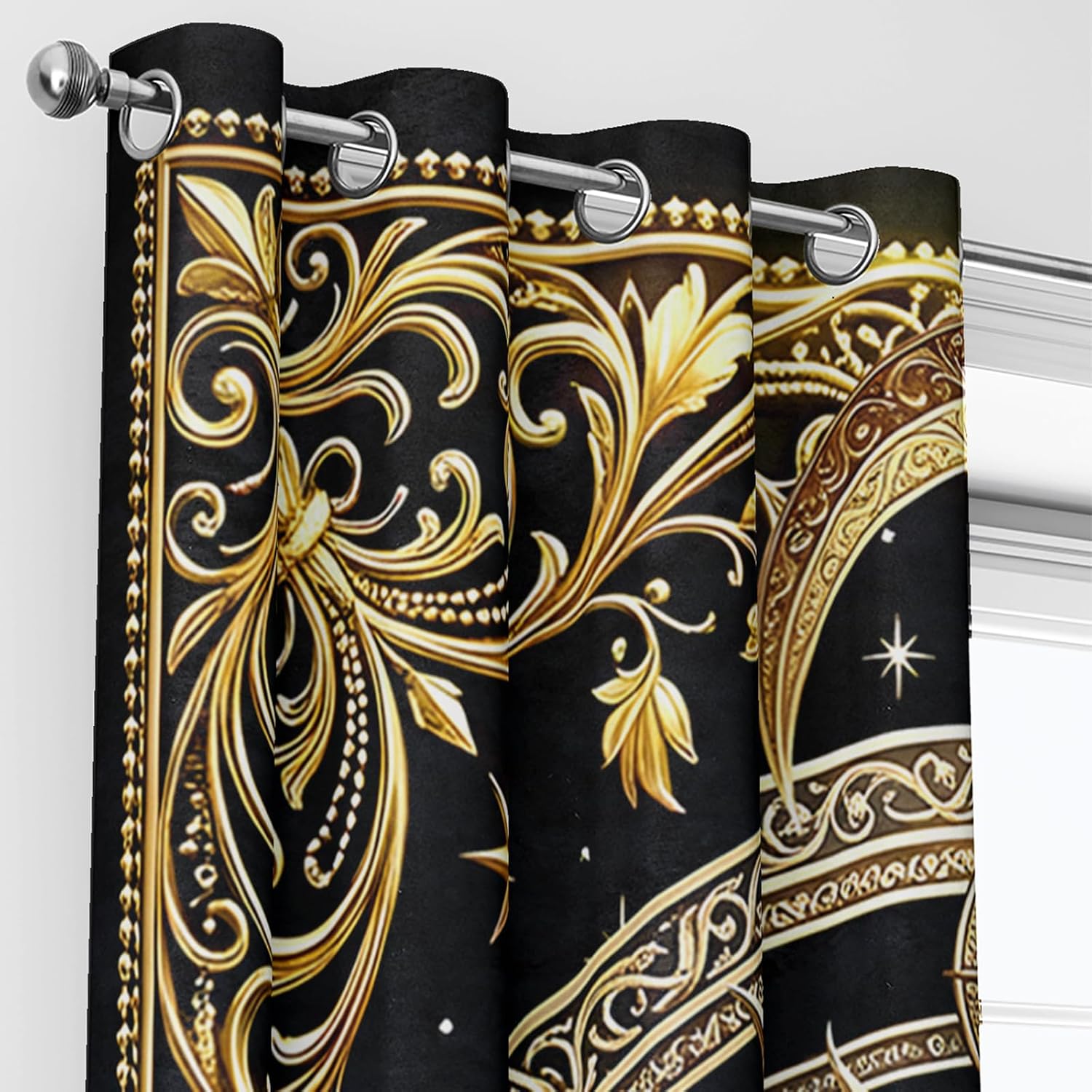 AILONEN Black Gold Sun Curtains W38 x L54 Inch Vintage Celestial Tarot Drapes Light Filtering Microfiber Window Treatments for Bedroom Living Room Mystical Boho Mandala 2 Pieces Coverings