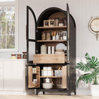 71" Tall Arched Kitchen Pantry Cabinet with Adjustable Shelves & Large Drawers, Arched Bookshelf with Storage Cabinet & Glass Doors, Wooden Versatile Cupboard for Dining Room (Black)