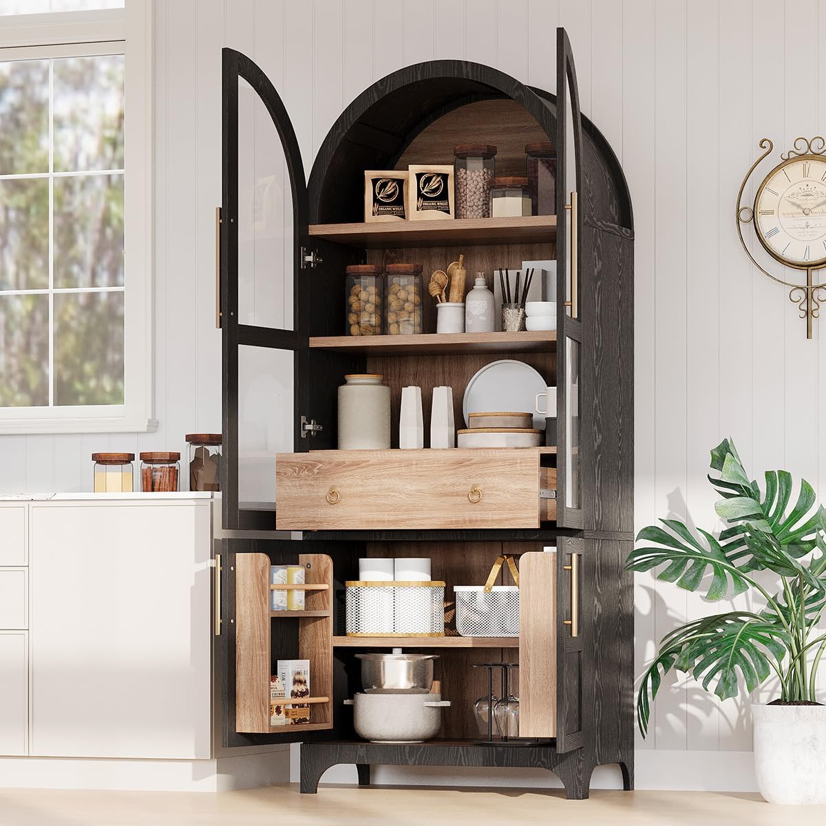 71" Tall Arched Kitchen Pantry Cabinet with Adjustable Shelves & Large Drawers, Arched Bookshelf with Storage Cabinet & Glass Doors, Wooden Versatile Cupboard for Dining Room (Black)